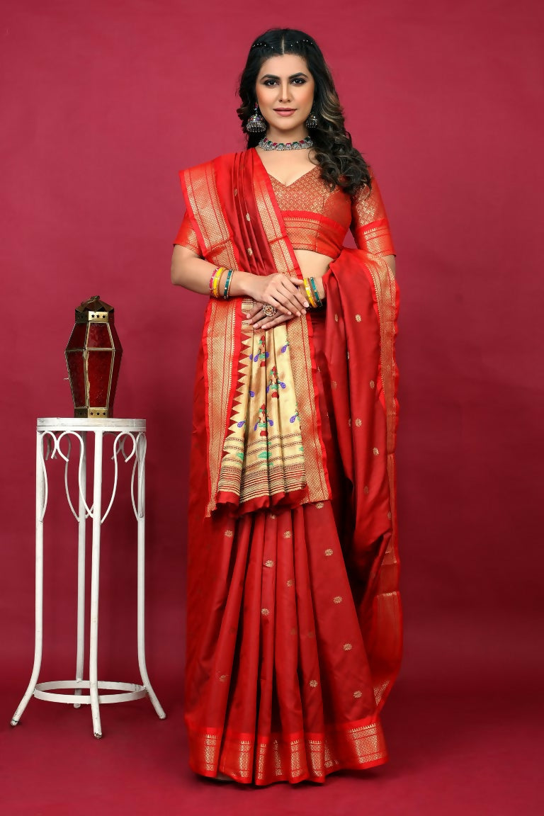 Jyoti Fashion Women's Red Paithani Silk Zari Woven Saree with Blouse