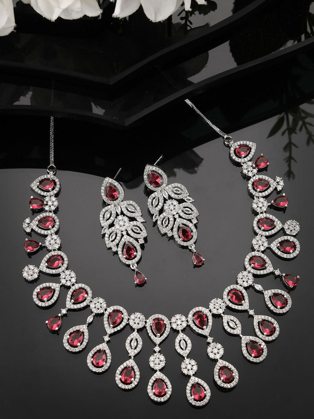 NVR Women's silver plated Maroon CZ stone handcrafted jewellery set