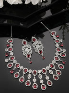 NVR Women's silver plated Maroon CZ stone handcrafted jewellery set