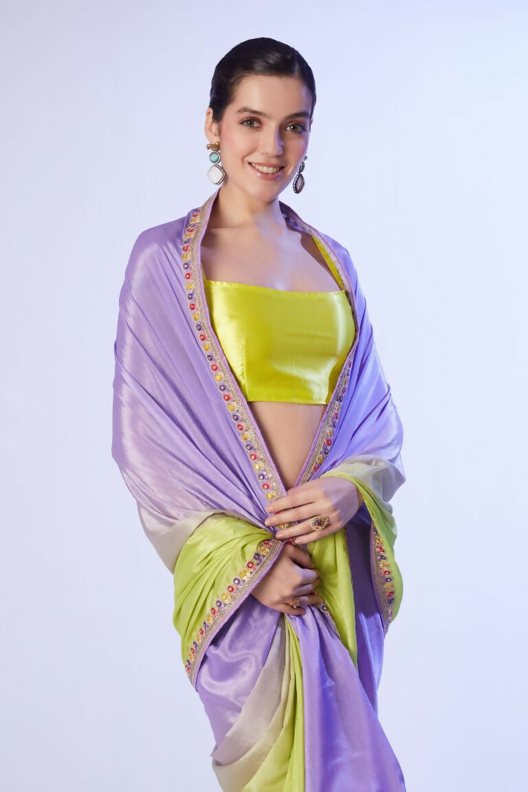 Lavender Chinon Solid Designer & Lace Work Saree - Samaa