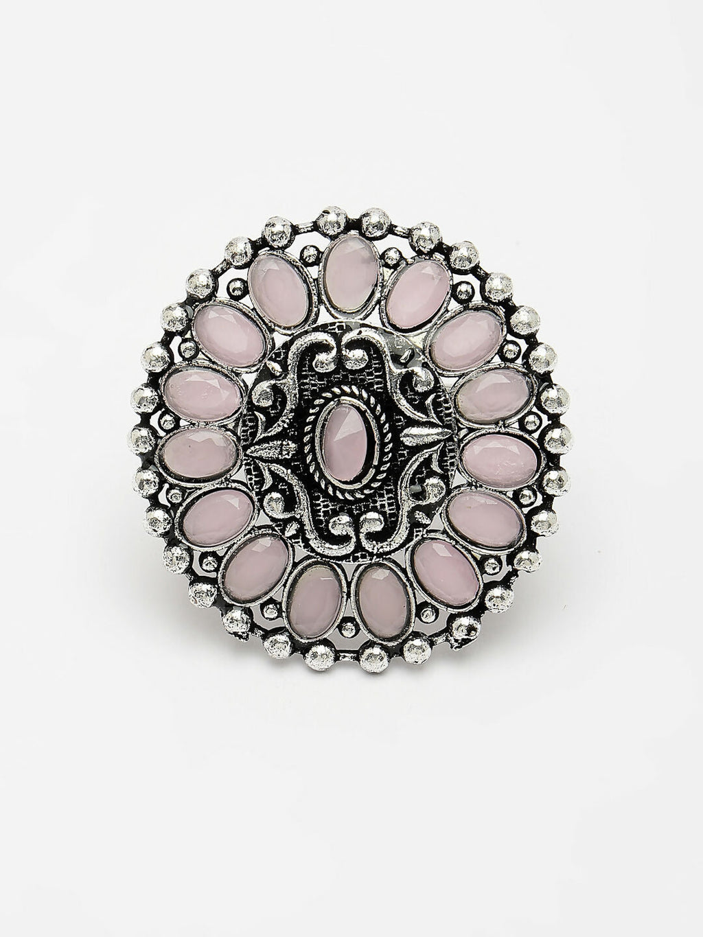 NVR Women's Pink Silver-Plated Circular Shape Adjustable Finger Ring