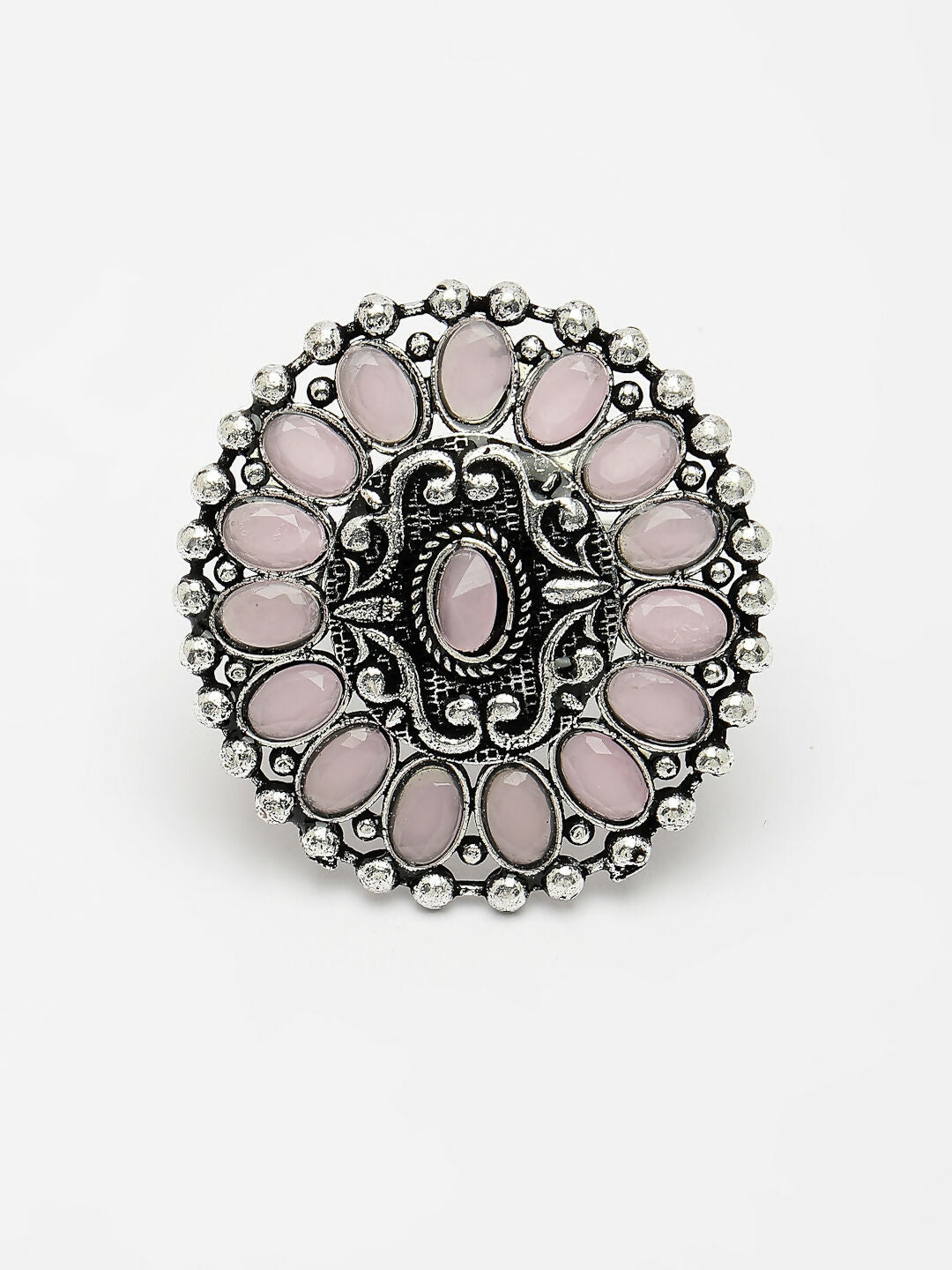 NVR Women's Pink Silver-Plated Circular Shape Adjustable Finger Ring