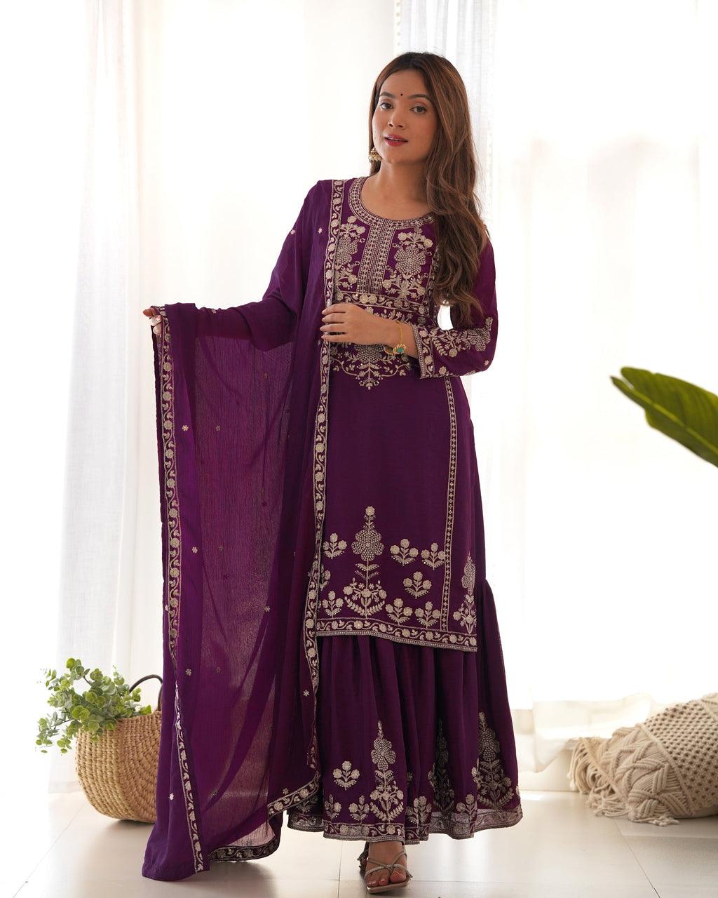 Lorenvalley Fashion Wine Chinnon Silk with Embroidery Sequence and Jari Work Kurta Sharara with Dupatta - Distacart