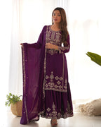 Lorenvalley Fashion Wine Chinnon Silk with Embroidery Sequence and Jari Work Kurta Sharara with Dupatta - Distacart
