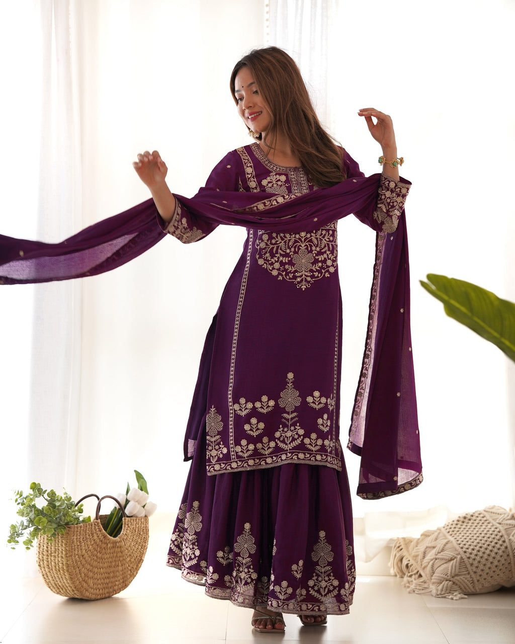 Lorenvalley Fashion Wine Chinnon Silk with Embroidery Sequence and Jari Work Kurta Sharara with Dupatta - Distacart
