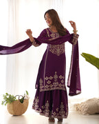 Lorenvalley Fashion Wine Chinnon Silk with Embroidery Sequence and Jari Work Kurta Sharara with Dupatta - Distacart