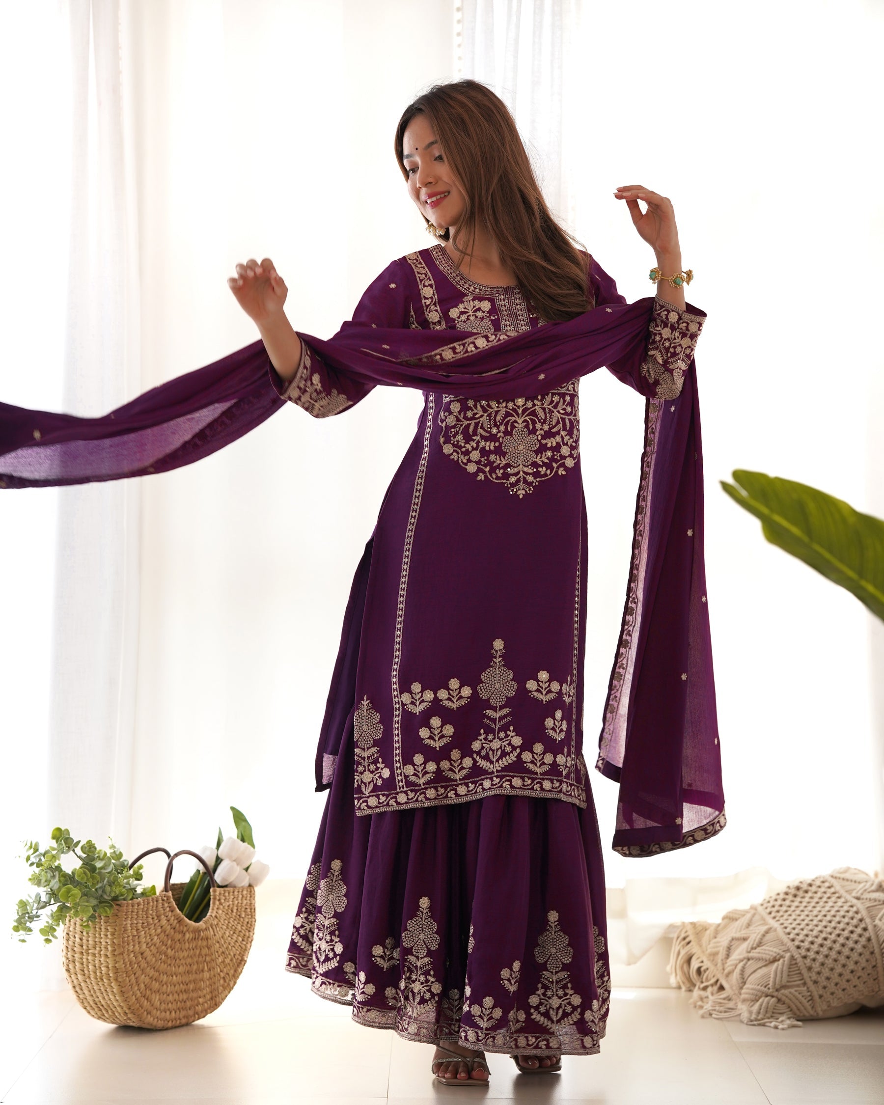 Lorenvalley Fashion Wine Chinnon Silk with Embroidery Sequence and Jari Work Kurta Sharara with Dupatta - Distacart