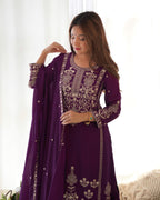 Lorenvalley Fashion Wine Chinnon Silk with Embroidery Sequence and Jari Work Kurta Sharara with Dupatta - Distacart