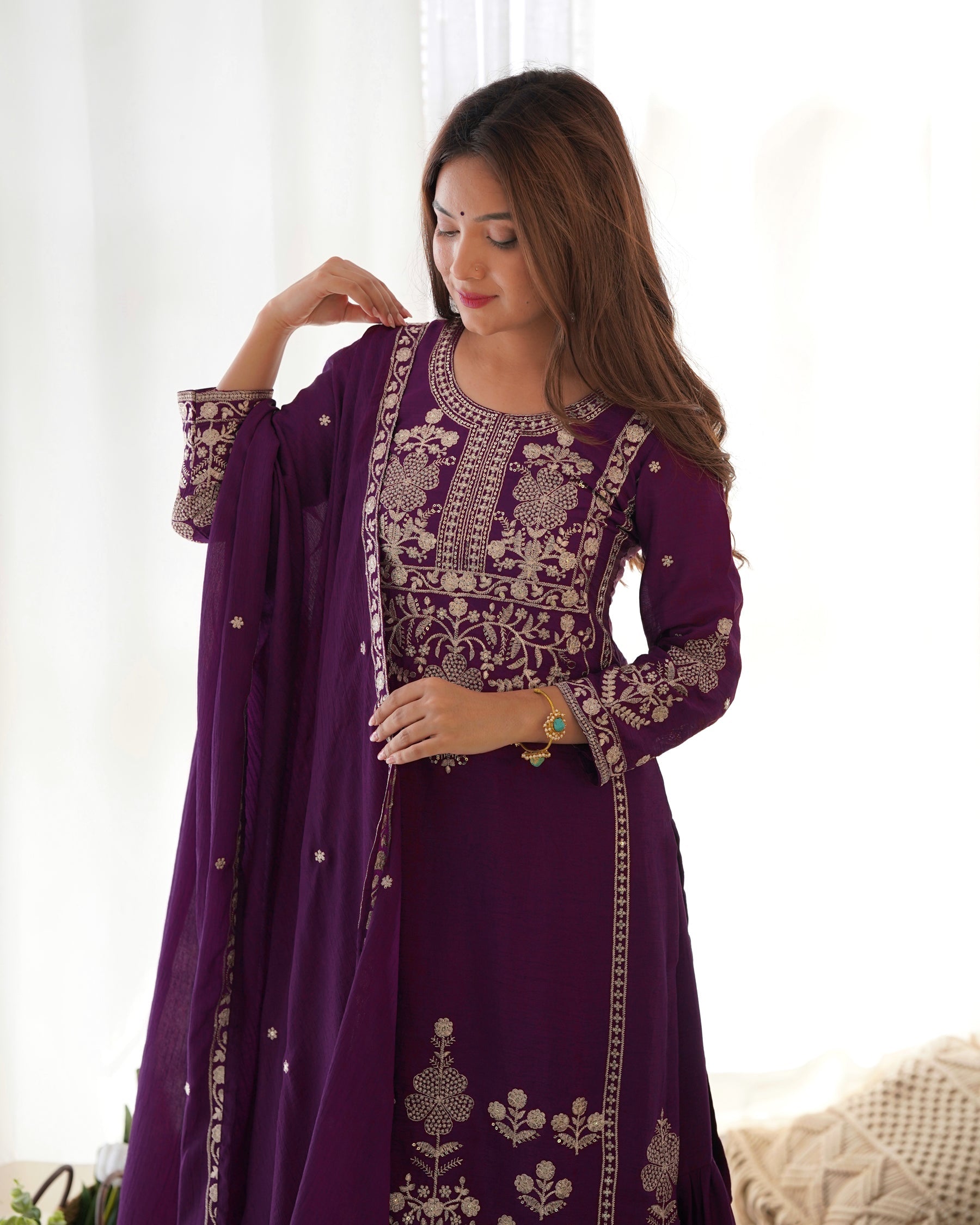 Lorenvalley Fashion Wine Chinnon Silk with Embroidery Sequence and Jari Work Kurta Sharara with Dupatta - Distacart