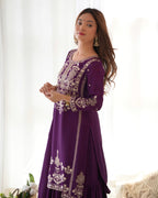 Lorenvalley Fashion Wine Chinnon Silk with Embroidery Sequence and Jari Work Kurta Sharara with Dupatta - Distacart