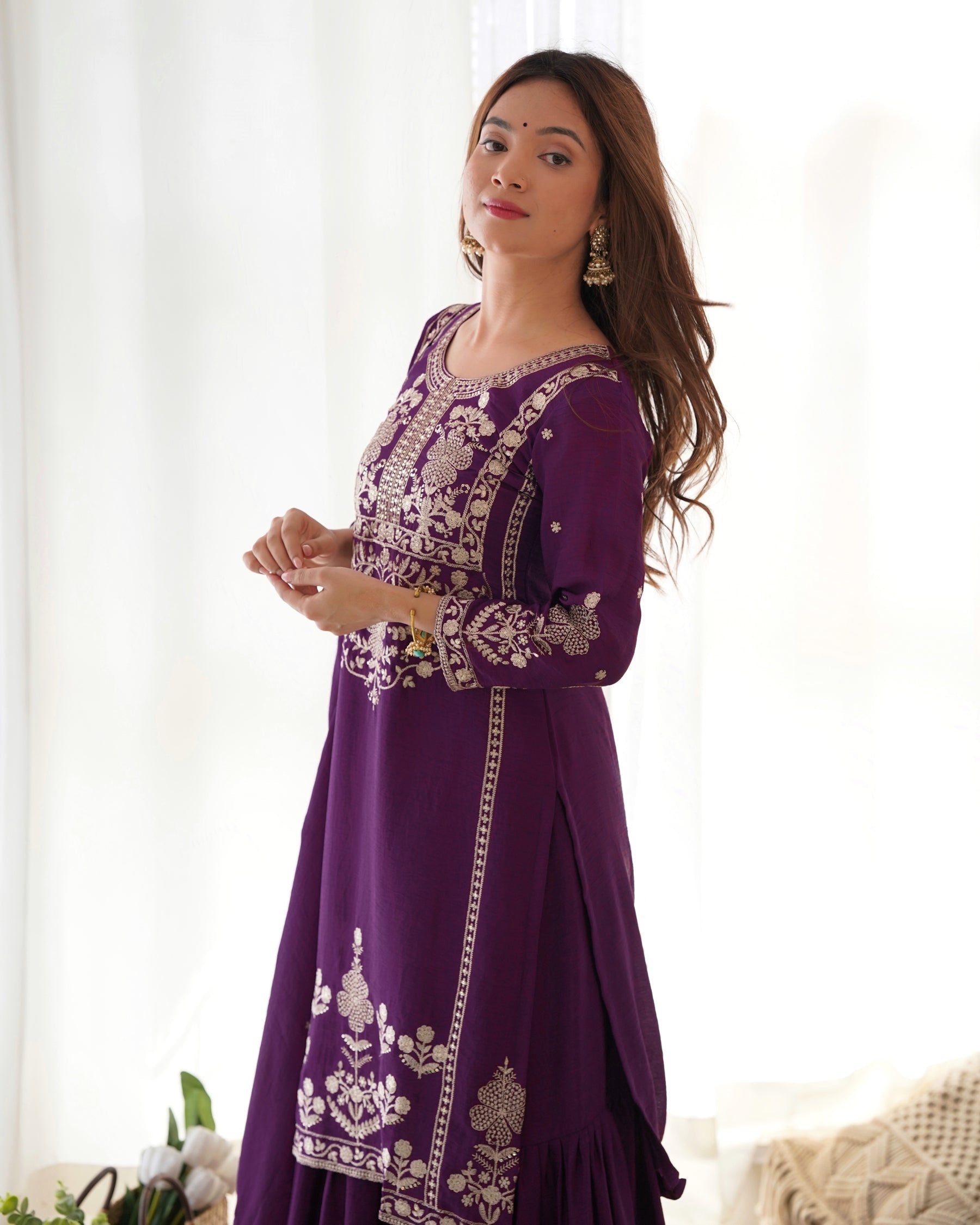Lorenvalley Fashion Wine Chinnon Silk with Embroidery Sequence and Jari Work Kurta Sharara with Dupatta - Distacart