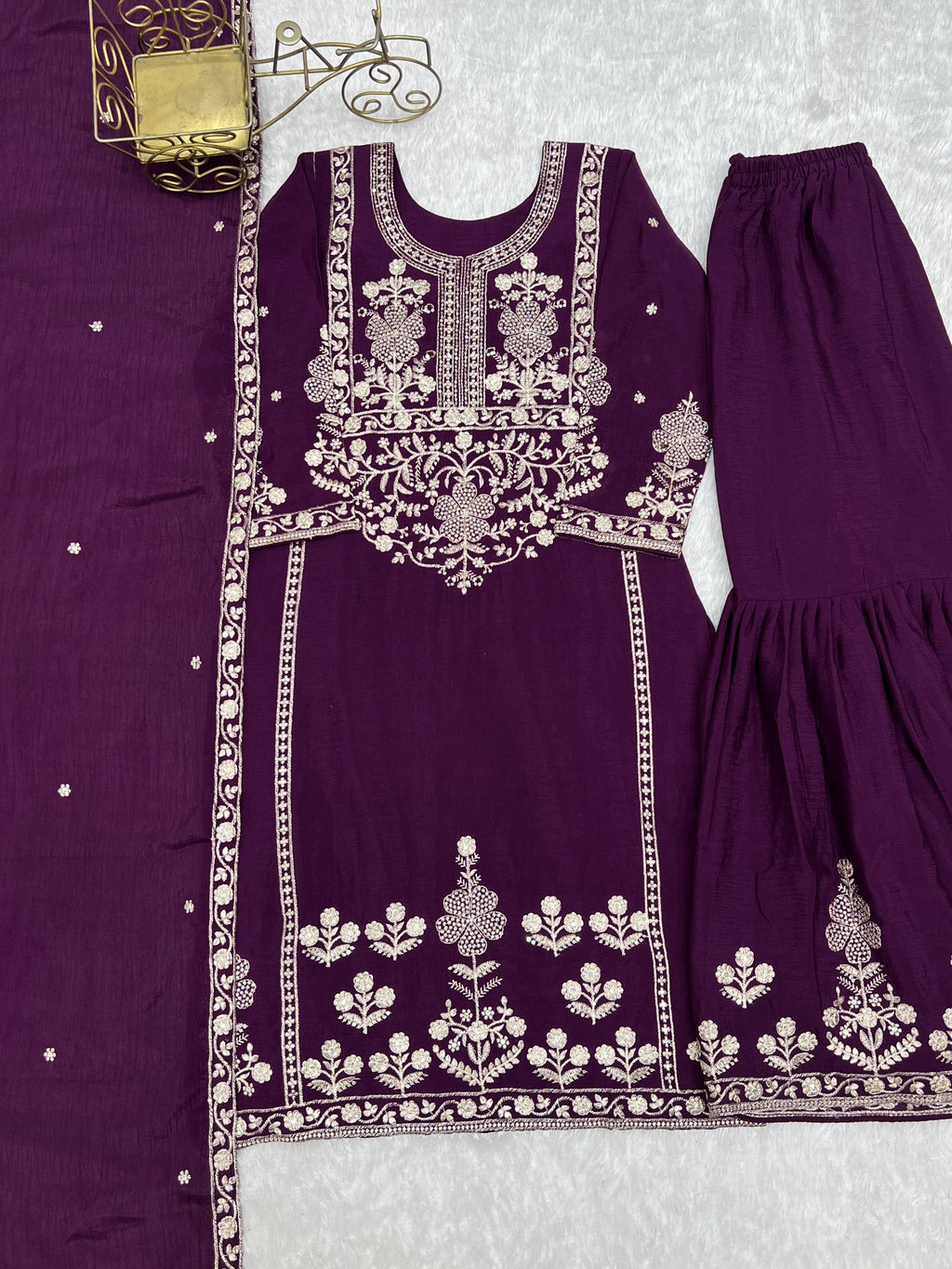 Lorenvalley Fashion Wine Chinnon Silk with Embroidery Sequence and Jari Work Kurta Sharara with Dupatta - Distacart