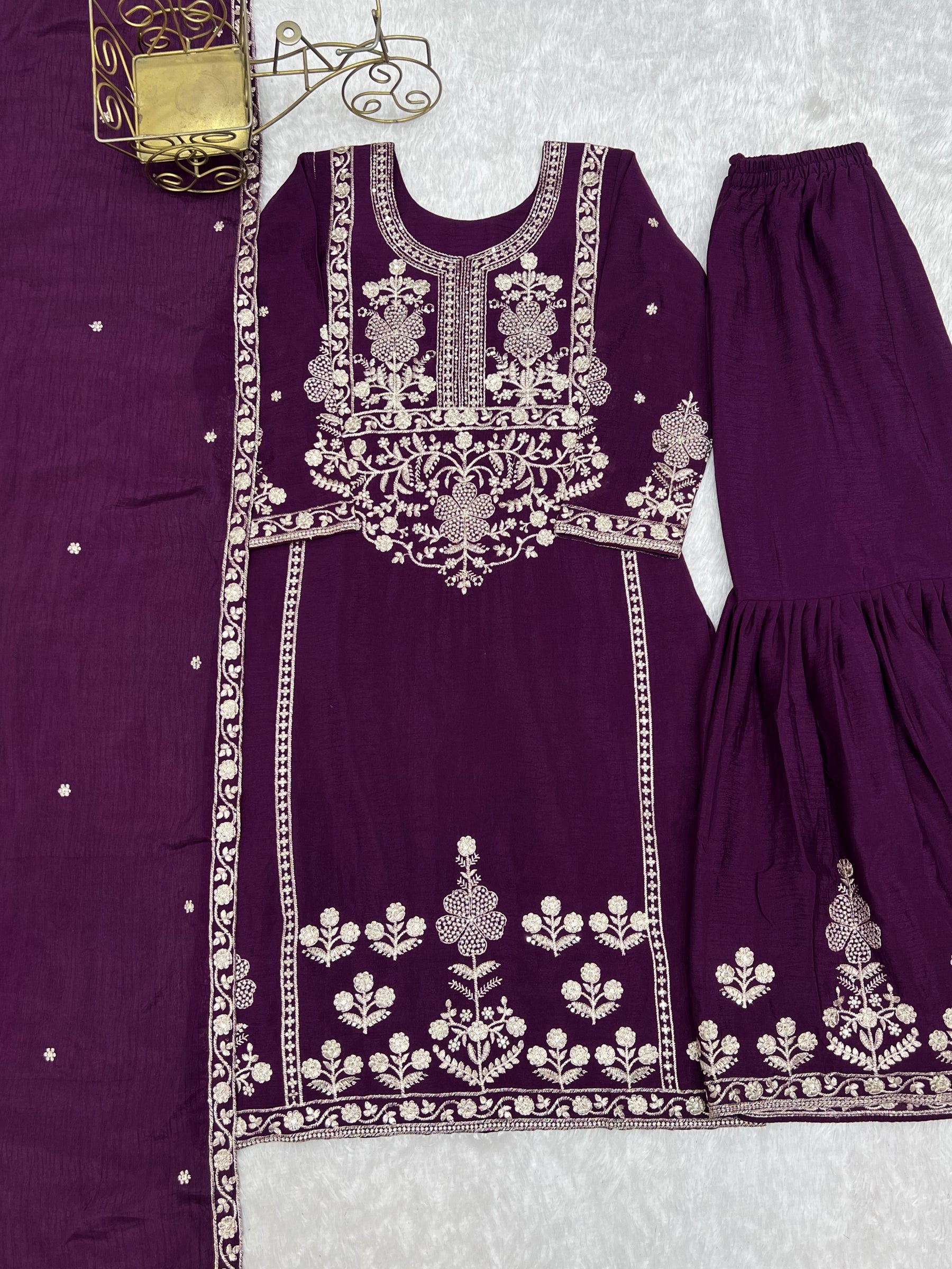 Lorenvalley Fashion Wine Chinnon Silk with Embroidery Sequence and Jari Work Kurta Sharara with Dupatta - Distacart