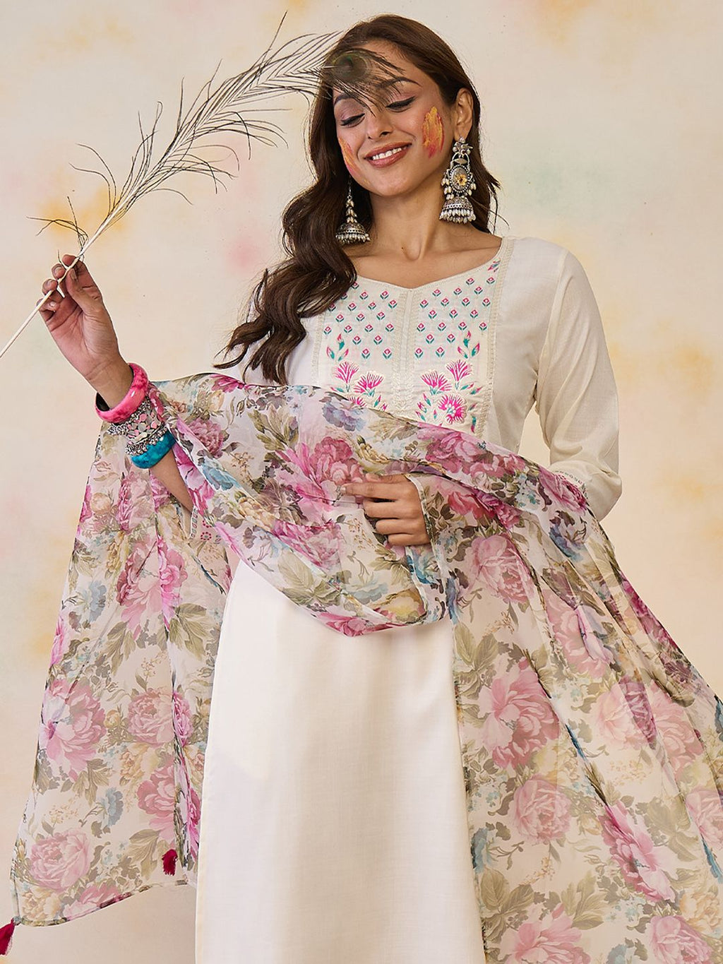 Indo Era Women Floral Yoke Design Regular Thread Work Pure Cotton Kurta with Trousers & With Dupatta - Distacart