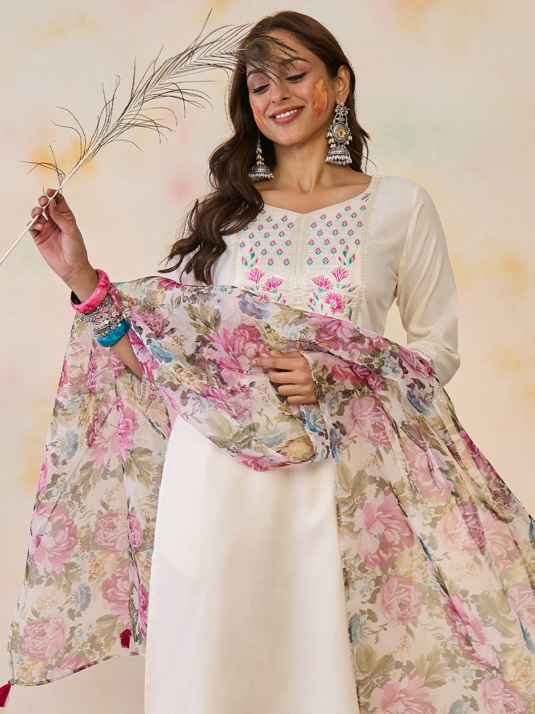 Indo Era Women Floral Yoke Design Regular Thread Work Pure Cotton Kurta with Trousers & With Dupatta - Distacart