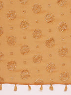 Souchii Beige & Gold Foil Print Dupatta with Tasselled Border - Distacart