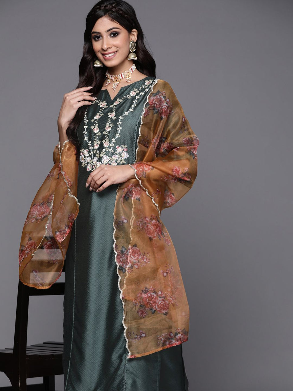 Indo Era Women Green Ethnic Motifs Embroidered Kurta with Trousers & With Dupatta - Distacart