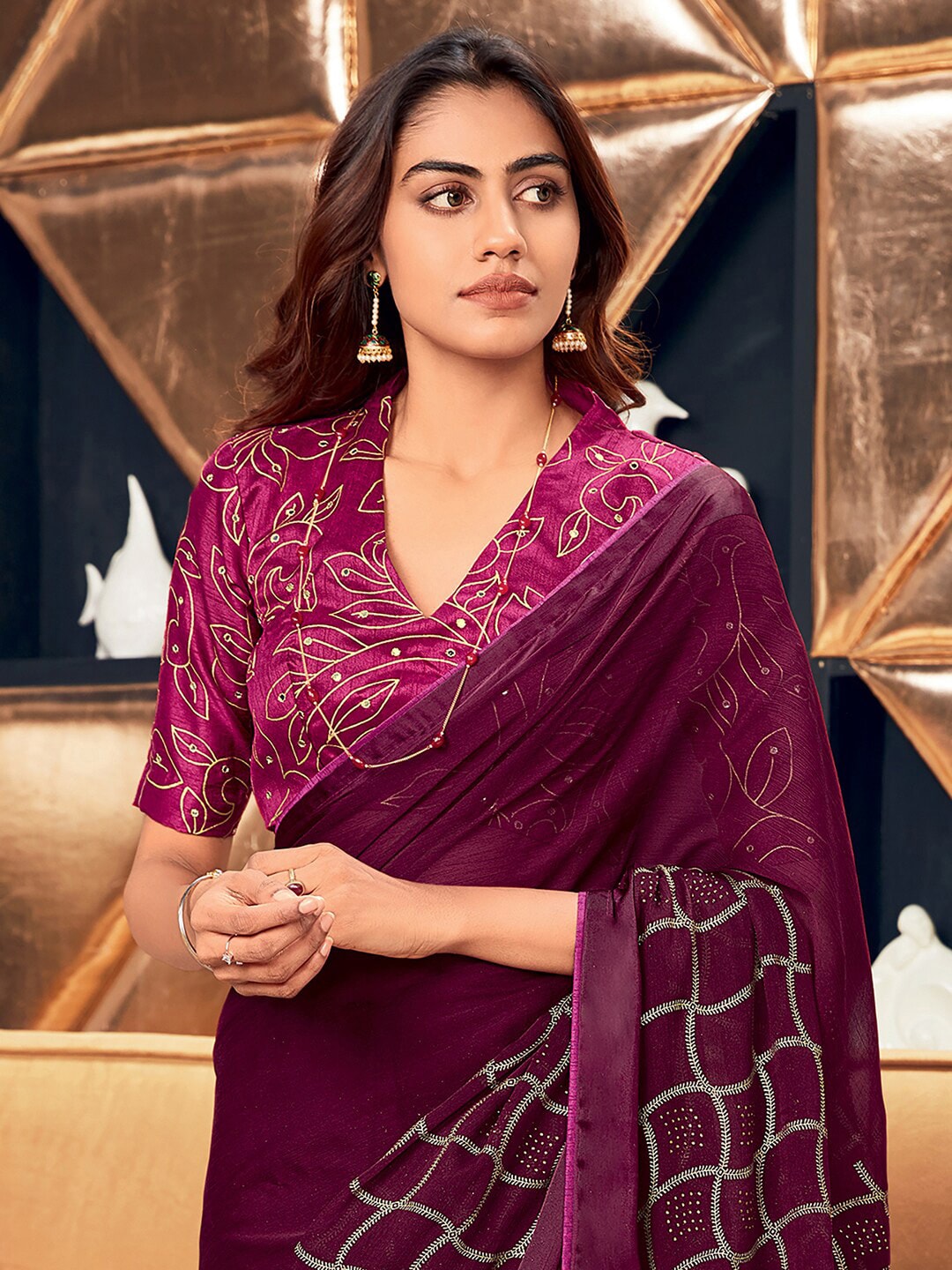 Saree Mall Magenta & Gold-Toned Ethnic Printed Silk Blend Sarees