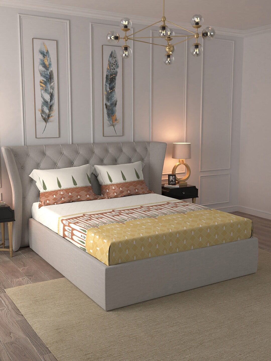 MYTRIDENT Road To Jaipur Brown Cotton 210 TC King Bedsheet & 2 Pillow Covers