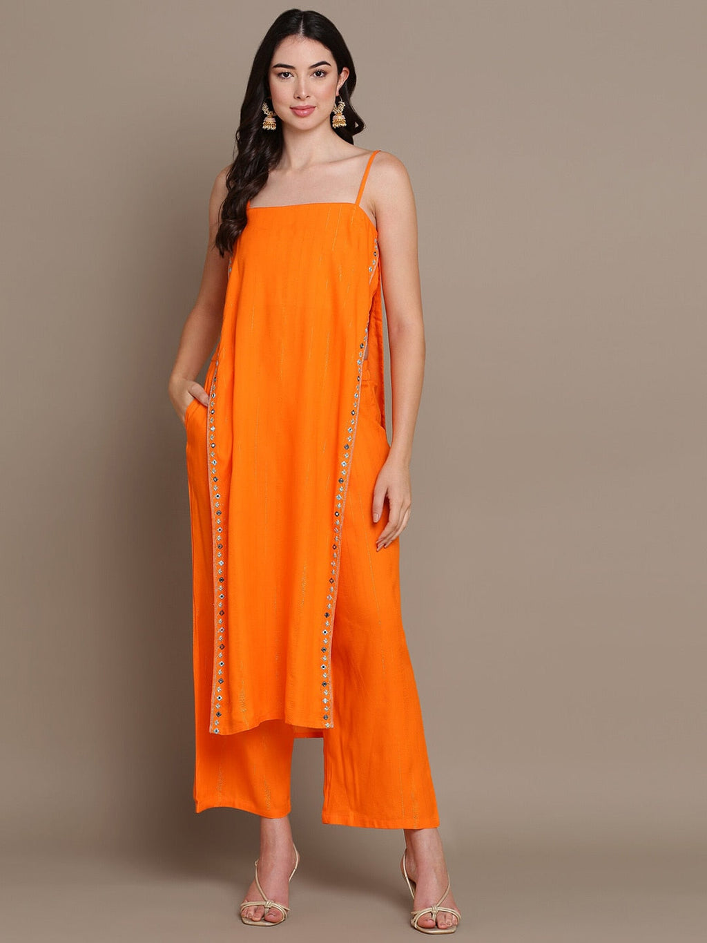 HERE&NOW Striped Mirror Work High Slit Kurta with Palazzos