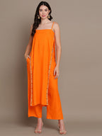 HERE&NOW Striped Mirror Work High Slit Kurta with Palazzos