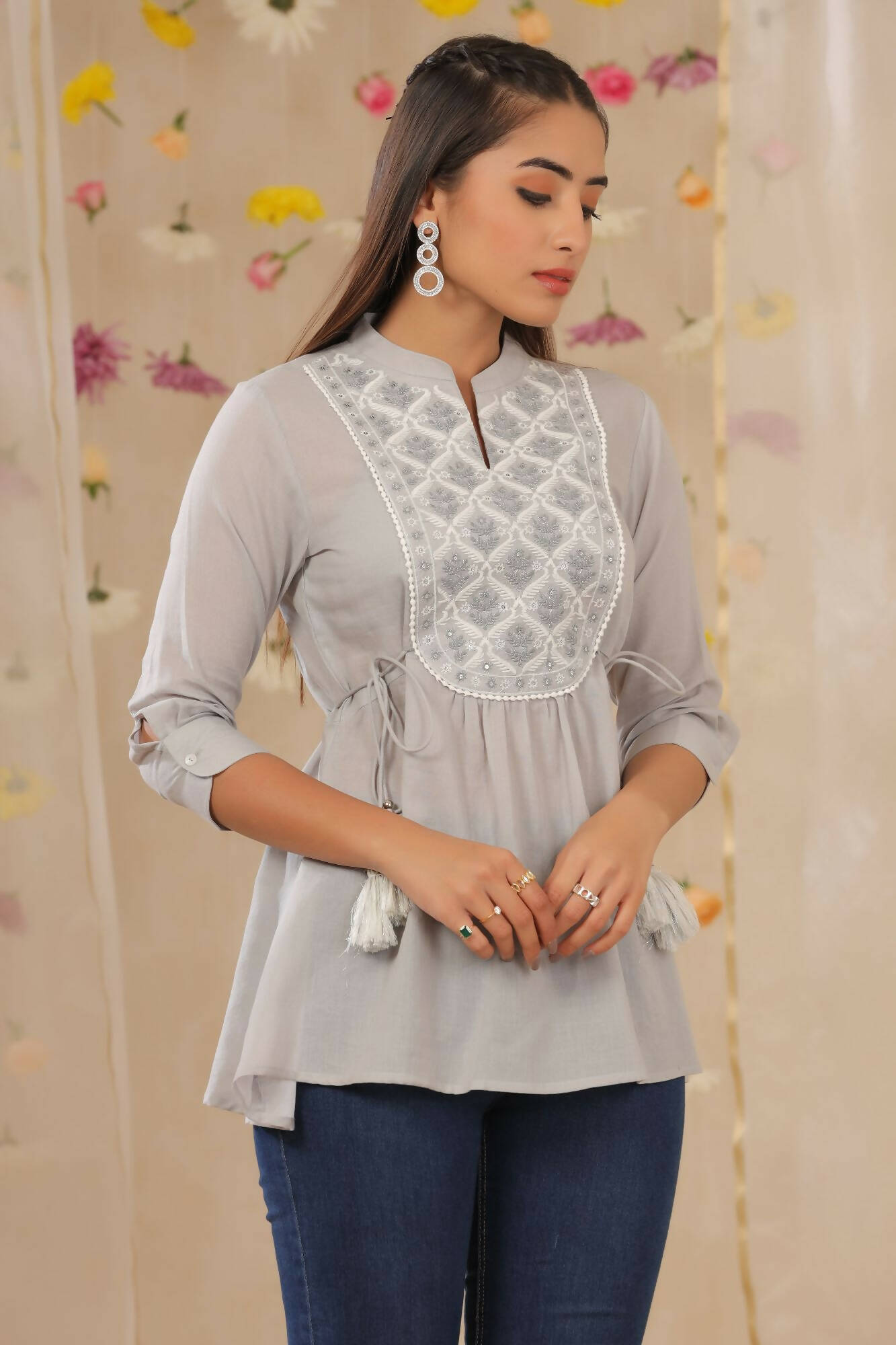 Juniper Women Grey Cotton Moss Embroidered A-Line Tunic - Distacart