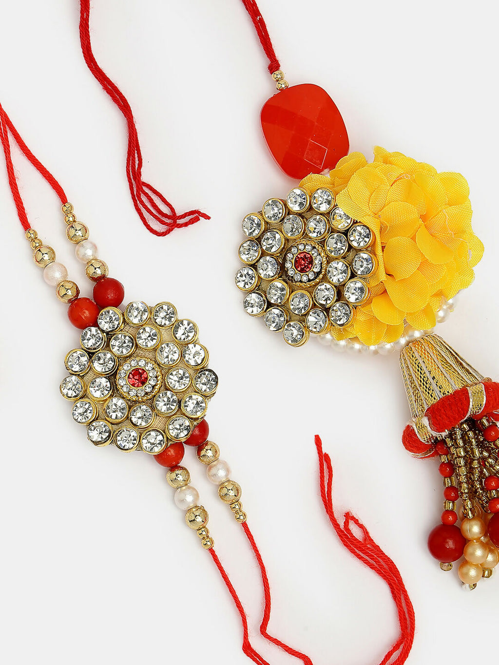NVR Women & Men Set of 2 Red & Gold-Toned Stone-Studded & Beaded Bhaiya Bhabhi Rakhi With Roli Chawal & Chocolate - Distacart