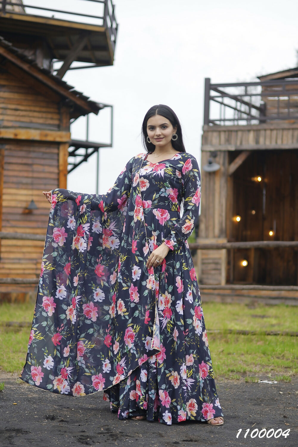 Aayaa Designer Printed Georgette Full Flare Gown With Dupatta - Multi Color - Distacart