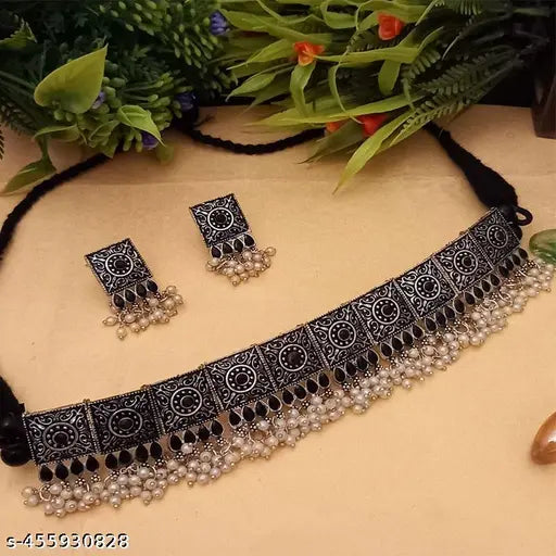 Tehzeeb Creations Women's Silver Colour Oxidised Necklace With Black Pearl
