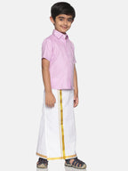 Sethukrishna Pink & White Solid Shirt and Veshti Set For Boys