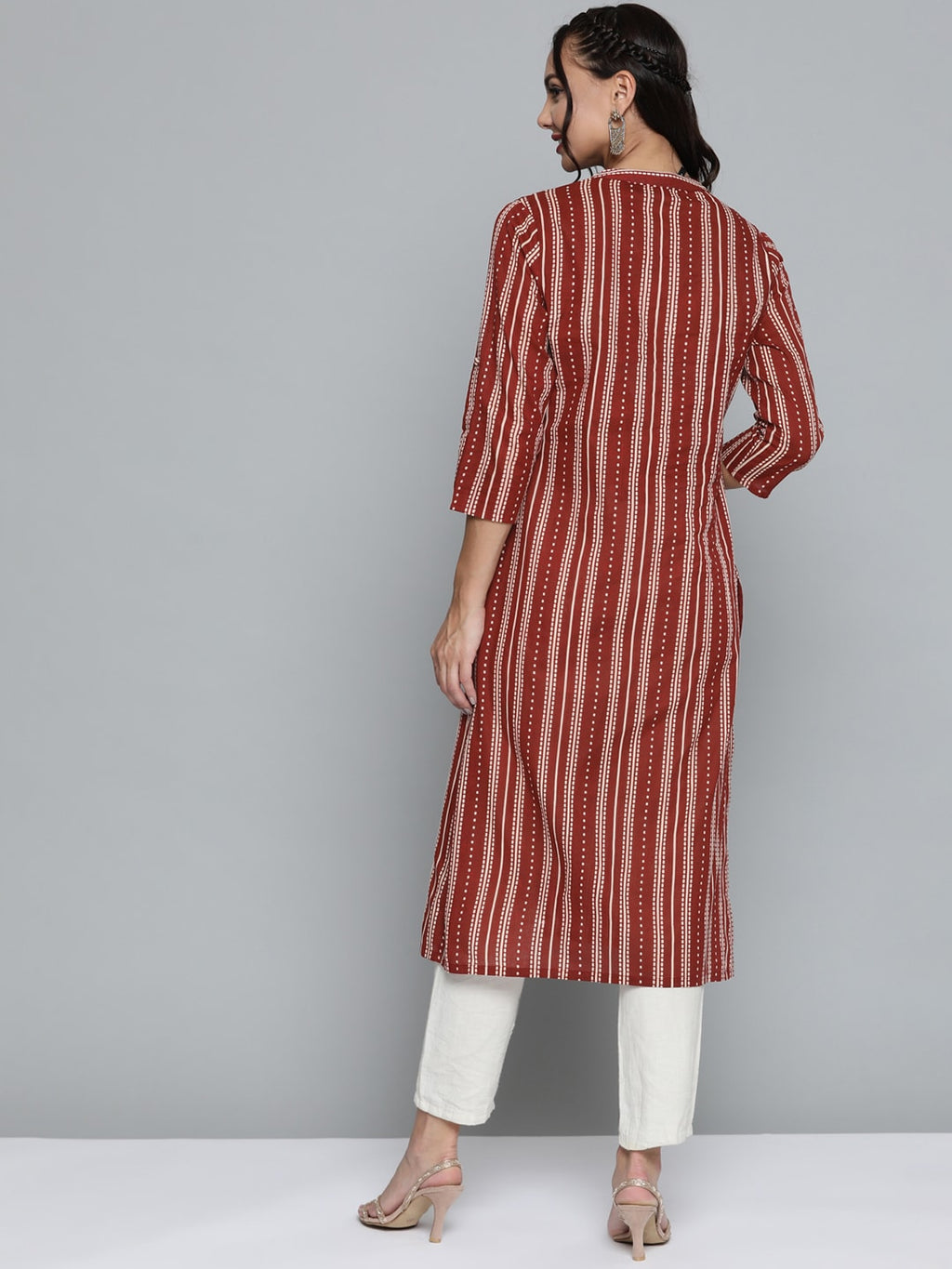 HERE&NOW Women Rust Red & Off-White Pure Cotton Striped Keyhole Neck Straight Kurta