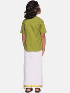 Sethukrishna Boys Green & White Solid Pure Cotton Shirt with Readymade Dhoti