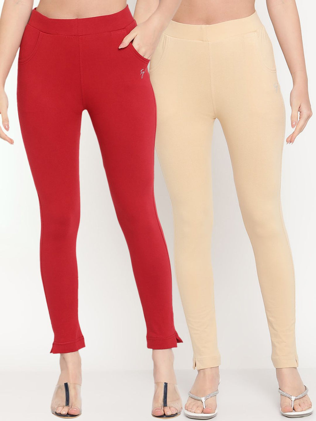 TAG 7 Women Set Of 2 Solid Beige & Red Leggings