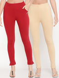 TAG 7 Women Set Of 2 Solid Beige & Red Leggings