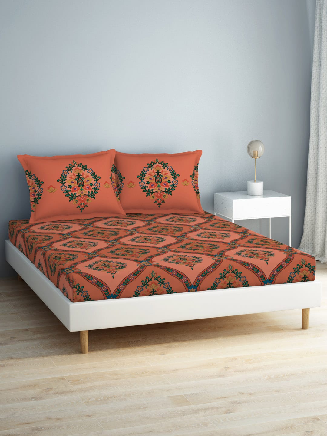 SPACES Aurum Peach Ethnic Motifs Pure Cotton 140 TC Queen Bedsheet with 2 Pillow Covers