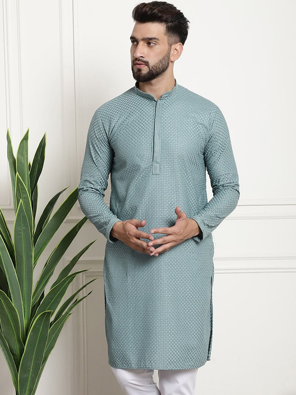 Sojanya Woven Design Mandarin Collar Straight Cotton Kurta
