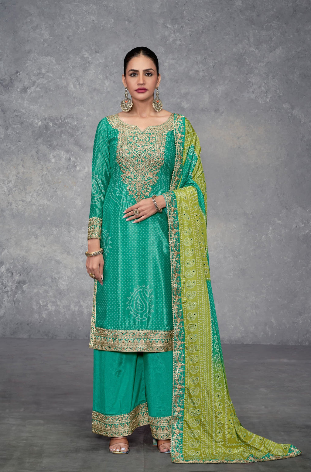 Anaita Turquoise Digital Printed Chinon Embroidered Sequence Work Ready Made Suit - Distacart