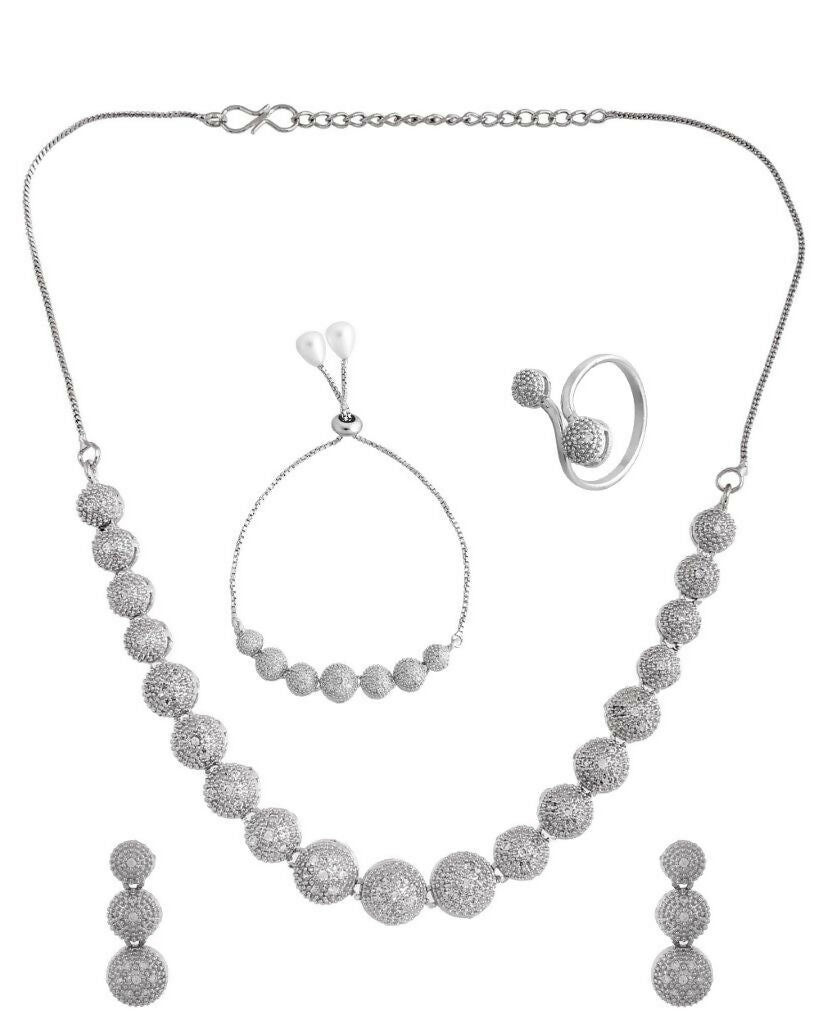 VOJ Silver Plated AD studded Necklace, Earrings With Ring And bracelet