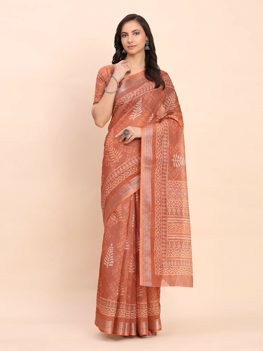 Shree Shyam Fashion Linen Cotton Rust Saree - Distacart