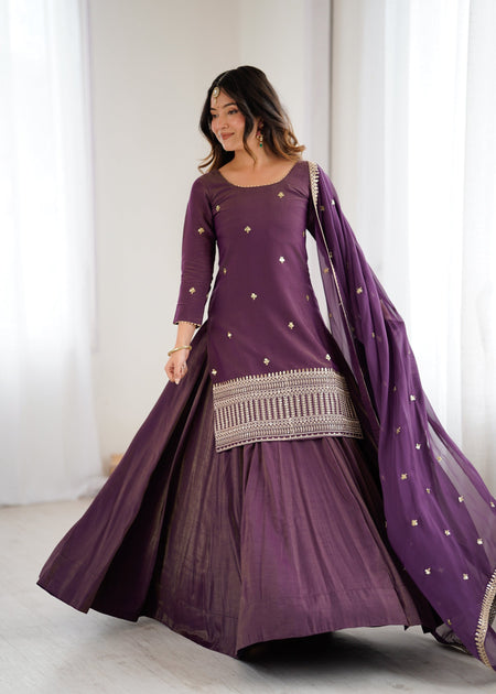 Lorenvalley Fashion Purple Roman Shimmer Chanderi Silk with Embroidery Jari Work Kurta Lehenga with Dupatta