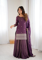 Lorenvalley Fashion Purple Roman Shimmer Chanderi Silk with Embroidery Jari Work Kurta Lehenga with Dupatta - Distacart