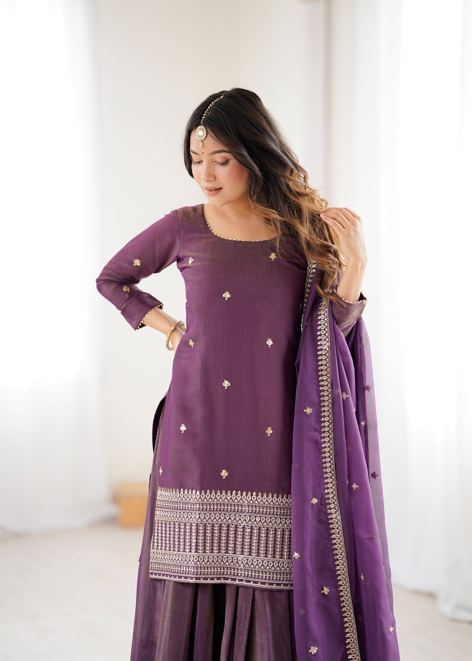 Lorenvalley Fashion Purple Roman Shimmer Chanderi Silk with Embroidery Jari Work Kurta Lehenga with Dupatta - Distacart