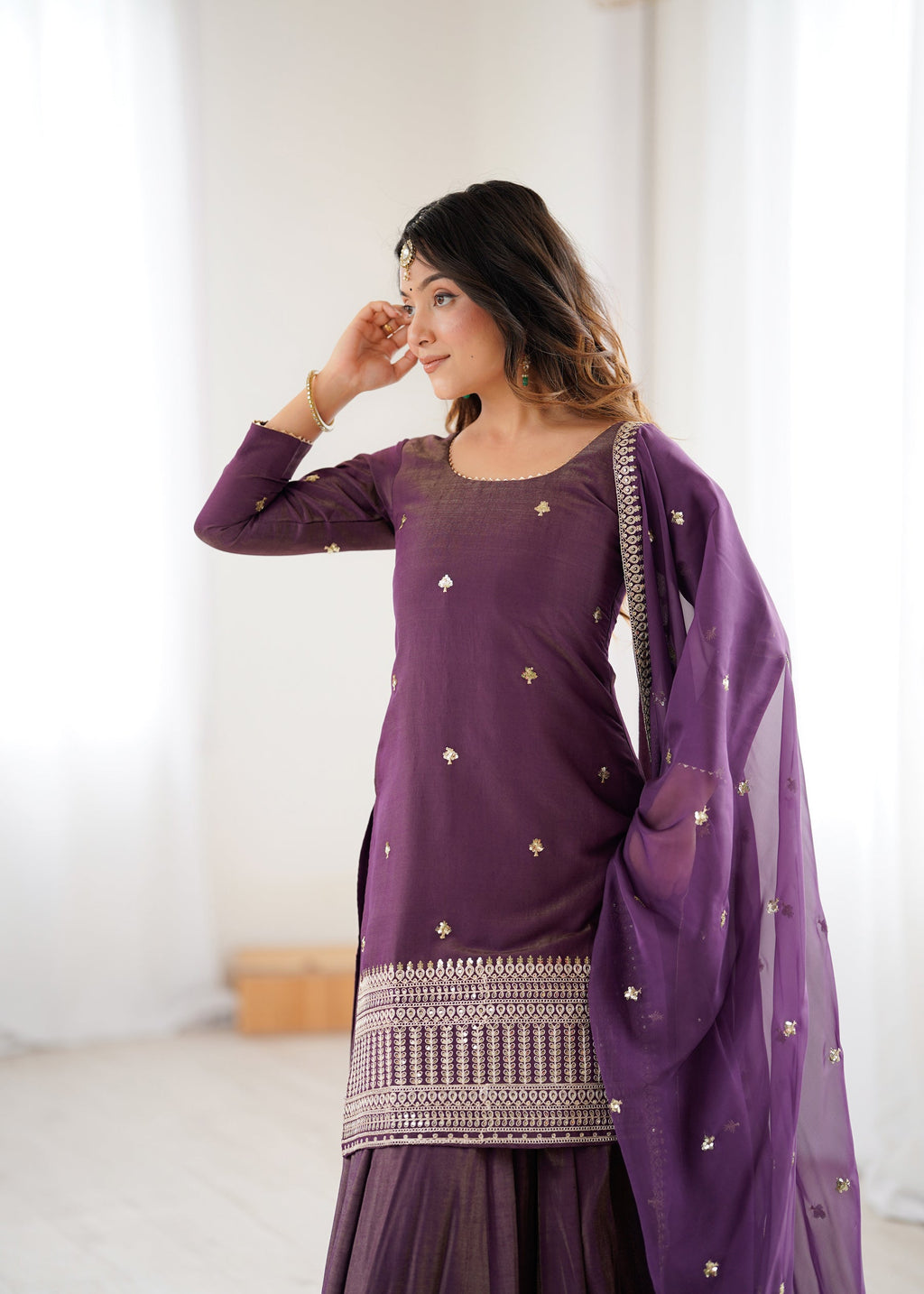 Lorenvalley Fashion Purple Roman Shimmer Chanderi Silk with Embroidery Jari Work Kurta Lehenga with Dupatta - Distacart