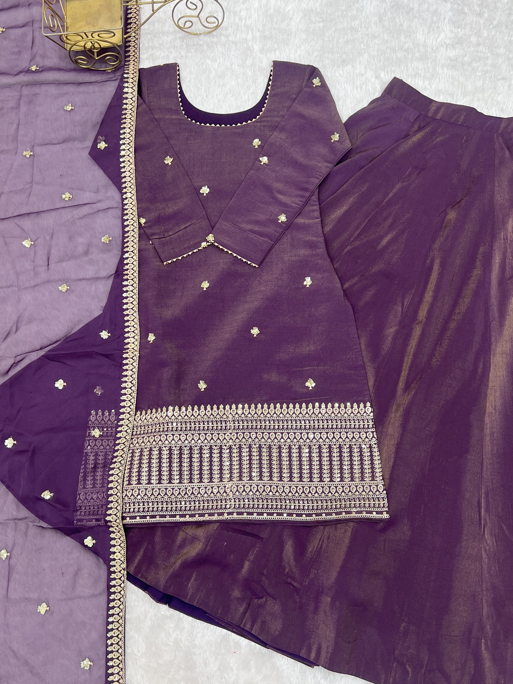 Lorenvalley Fashion Purple Roman Shimmer Chanderi Silk with Embroidery Jari Work Kurta Lehenga with Dupatta - Distacart