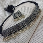 Tehzeeb Creations Women's Silver Colour Oxidised Necklace With Black Pearl
