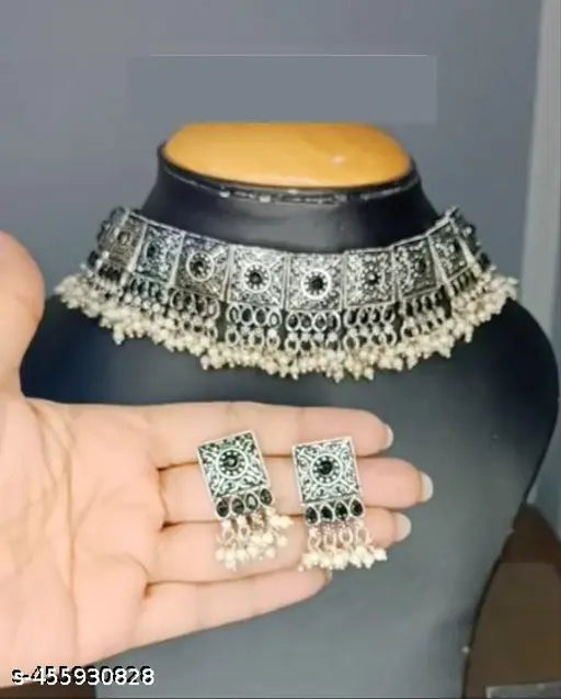 Tehzeeb Creations Women's Silver Colour Oxidised Necklace With Black Pearl