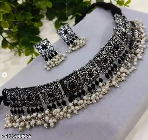 Tehzeeb Creations Women's Silver Colour Oxidised Necklace With Black Pearl