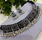 Tehzeeb Creations Women's Silver Colour Oxidised Necklace With Black Pearl