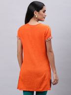 Souchii Orange Floral Embroidered Mirror Work Mirror Work Kurti - Distacart