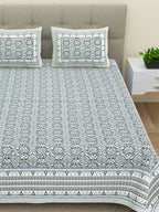 BELLA CASA Ethnic Grey & White Ethnic Pure Cotton 180 TC King Bedsheet & 2 Pillow Covers